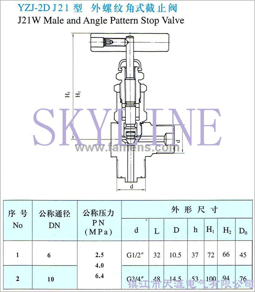 YZJ-2D J21型外螺纹角式截止阀